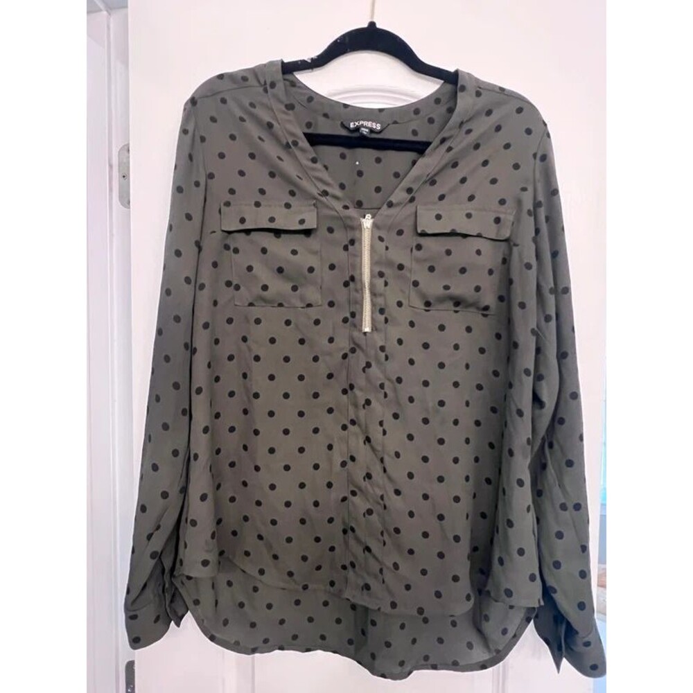 Express Olive Green Polka Dot Zip Blouse – Size Large
